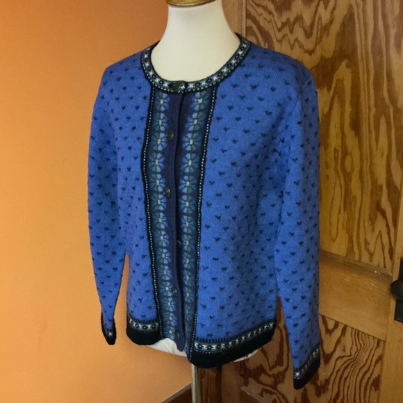 Vintage Blue Nordic Cardigan Oversized Fair Isle Sweater Cozy Cottagecore - Picture 6 of 10